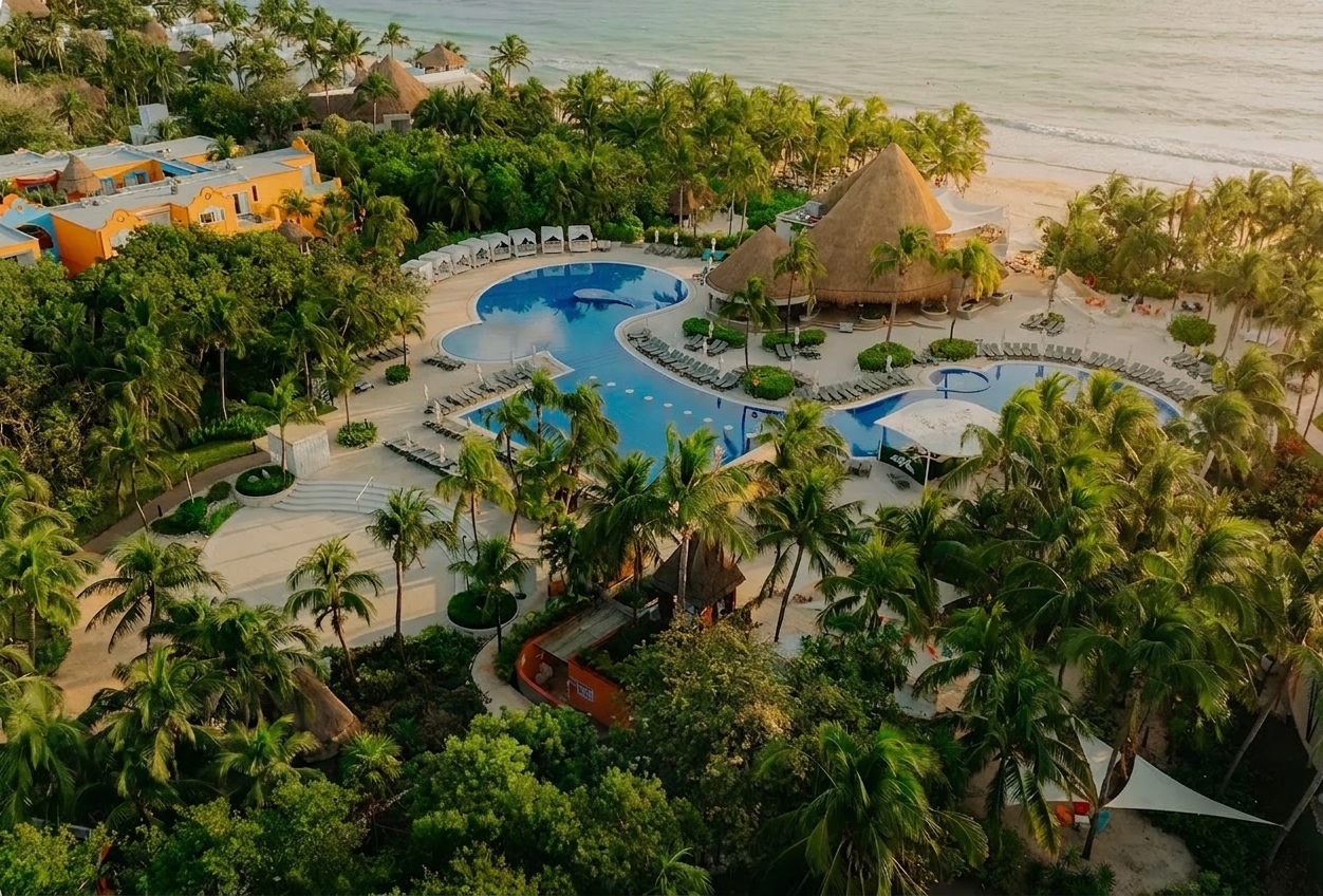 Aerial view of a tropical Catalonia resort with palapas, pools and Caribbean beach